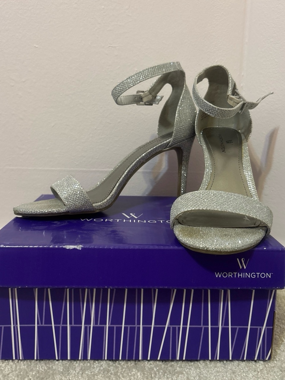 Worthington Sparkle Silver Ankle-Strap Stiletto Heels